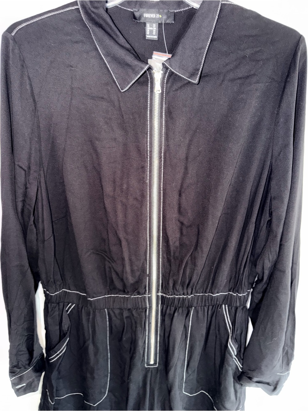 Forever 21+ Black Long-Sleeve Zip Romper with White Contrast Stitching - Picture 2 of 12